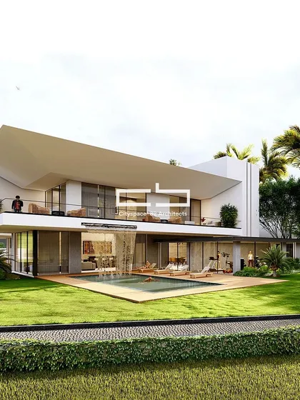 This residential facade is distinguished by its captivating design, featuring tapered cantilevers that enhance both form and function. Floor-to-ceiling windows amplify the home's openness, while a cascading waterfall feature adds natural tranquility and sophistication.