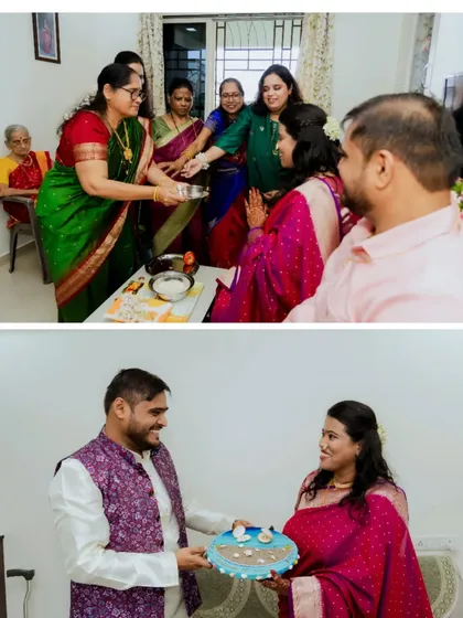 Capturing the traditional rituals of an at-home engagement ceremony, where family blesses the couple and gifts are exchanged.