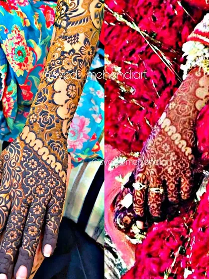 A collage showing the fresh henna paste and the beautiful, rich stain it produced.