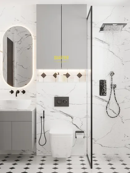 This master washroom design uses classic Satvario tiles on the walls and striking black and white checker tiles on the floor. The space includes a floating vanity and overhead storage for a clean, organized look.