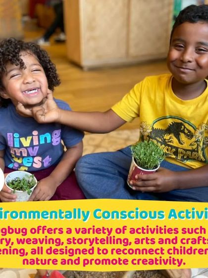 This image highlights our environmentally conscious activities. Here, two boys are happy with the plants they've grown, learning about nature and creativity.