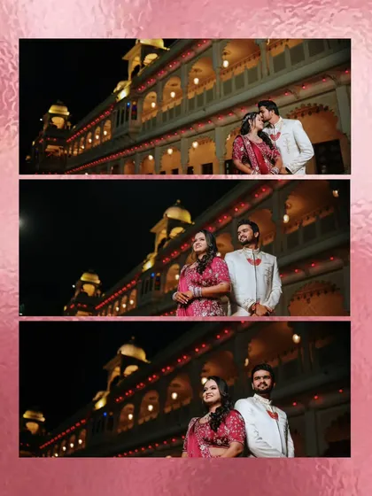 A collage of a couple's romantic moments at their reception, set against the grandeur of an illuminated heritage hotel.