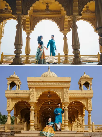 A collage featuring the couple against a magnificent golden temple-like structure. The wide shots emphasize the scale and grandeur of the location, creating epic and memorable pre-wedding portraits.