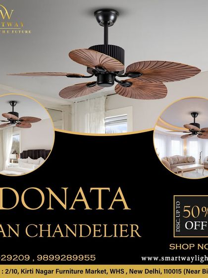 The Donata Fan Chandelier has a classic look with wooden-finish blades. It's a timeless design that adds a touch of rustic charm to any bedroom or living room.