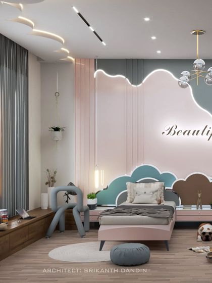 Another view of the whimsical kids' bedroom, highlighting the "Beautiful" neon sign and the soft, dreamy color palette.