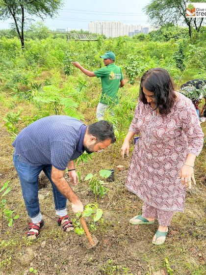 Volunteers work together at our Sector 150 Noida site. Community plantation drives like this are a fantastic way for neighbors to connect and collectively improve their local environment.