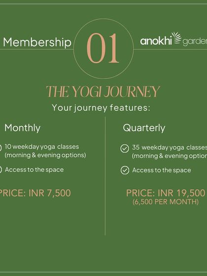 Details of "The Yogi Journey" membership package. This is our foundational plan, offering access to weekday yoga classes and our space on a monthly or quarterly basis.