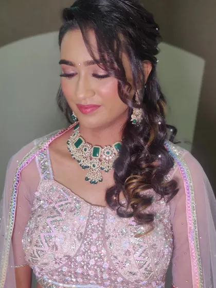 A close up of Ankita's Sangeet makeup. The soft pink and shimmer eyeshadows made her eyes sparkle, and her skin was glowing.