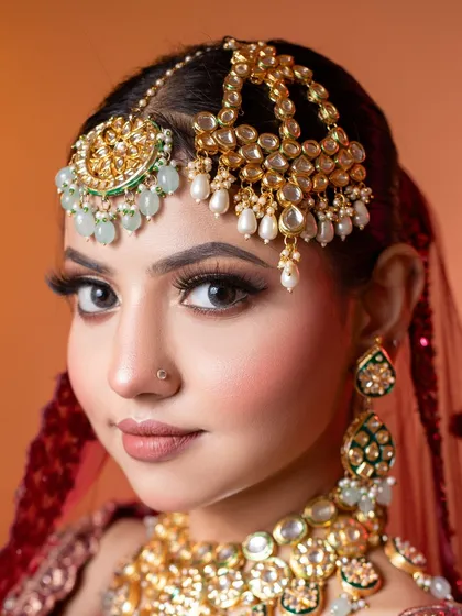 A detailed view of a bridal makeup look, showcasing precision in the eye makeup and the intricate design of the jewellery. The combination of a double maang tikka with pearl and mint green beadwork demonstrates our extensive and high-quality accessory collection.