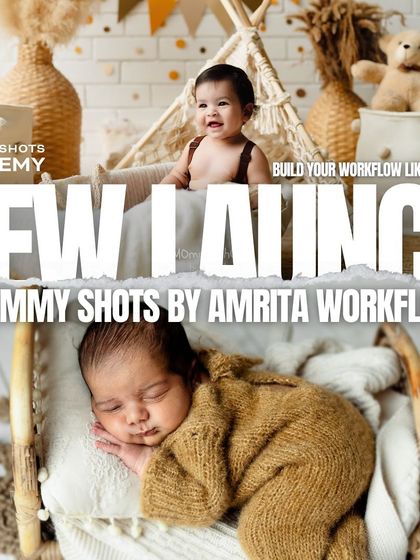 An announcement for the "Mommy Shots by Amrita Workflow" new course launch.