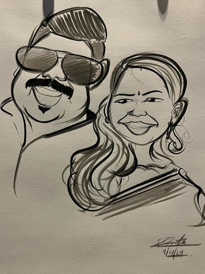 This caricature captures a couple's cool and confident vibe, from the stylish sunglasses to their smiling faces.