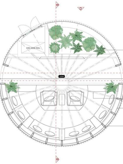 Orthographic drawings of the 'Cinema Zone' pod for the 080 Lounge. These plans and sections provide the necessary details for building the cocoon-like structure, which is designed for a stimulating digital experience.