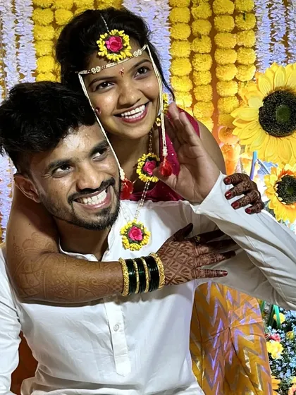 A fun moment between the bride and groom during their Haldi function. Our backdrops are designed to make every photo look lively and full of joy.