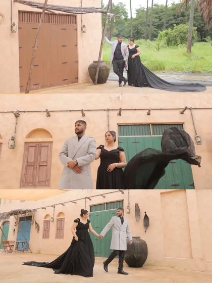 A collage of three portraits against a rustic, village-like backdrop. The dramatic, long train of her black gown contrasts beautifully with the neutral tones of the set, creating a high-fashion, editorial feel.