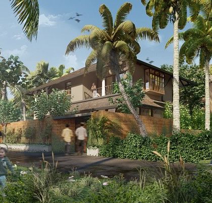 A render showing the Calangute Villa's approach, nestled in lush greenery. The design aims to preserve as much of the natural landscape as possible.