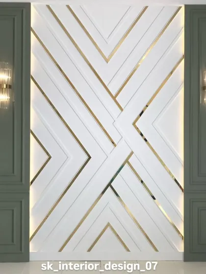 A statement wall design concept in white and green with geometric gold inlays. This is a great example of how we can create a unique and artistic feature in any room.
