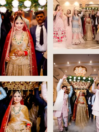 This collage captures the beauty and tradition of the bride's entrance, carried by her brothers under a "phoolon ki chadar" (canopy of flowers).