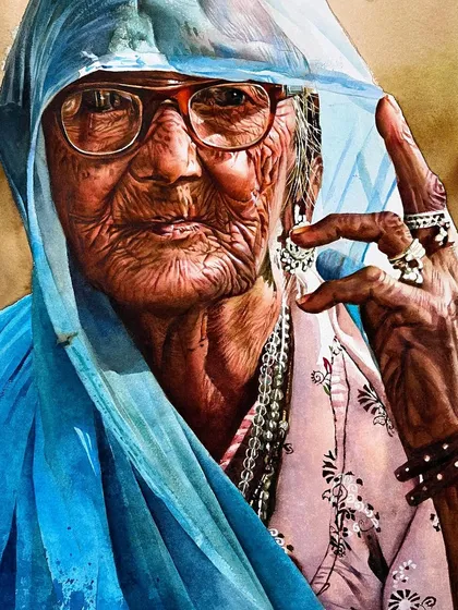 A close-up of the portrait with the blue veil, focusing on the hand gesture and the intricate details of the jewelry.