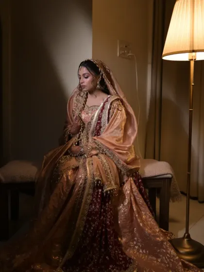 A full-length shot showing the grandeur of the Muslim bridal lehenga and the soft, elegant makeup.