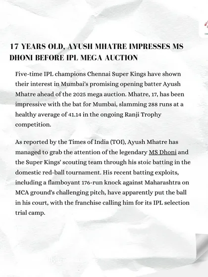 Another news report highlighting how Ayush Mhatre's consistent performance in domestic cricket caught the attention of IPL scouts. Performance is the only currency that matters.