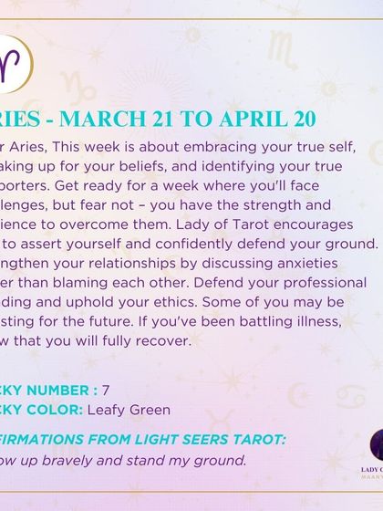 For Aries, this week is about embracing your true self and speaking up for your beliefs. I encourage you to assert yourself and defend your ground, strengthening your relationships through honest discussion.