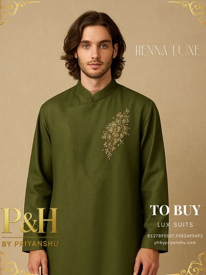 A close-up on the chest, providing a detailed look at the handcrafted embroidery and signature collar design.