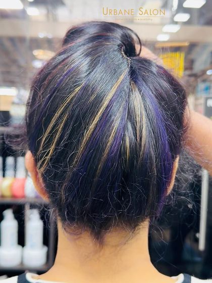 A peekaboo style with a fun twist. We added streaks of Crazy Violet and Blonde for a look that is subtle from one angle and bold from another.