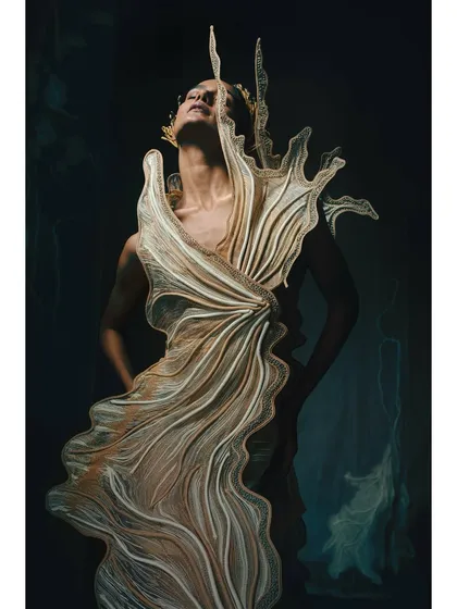 This image from the Vaishali S. campaign showcases a gown with an incredible, wave-like structure. The styling and pose are designed to emphasize the garment's organic movement, as if it were a creature from the deep sea.