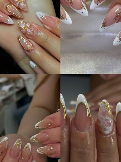 For a celestial vibe, we can add gold stars, chrome frames, and gold foil to a classic French manicure.