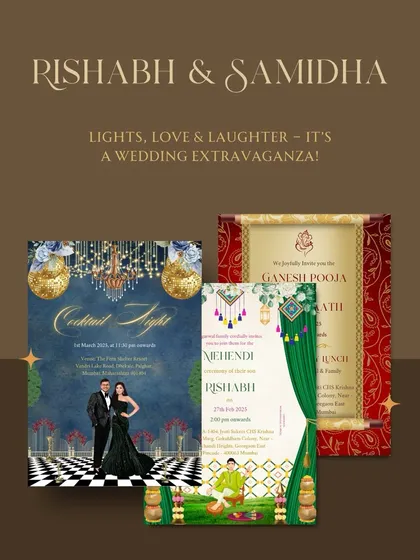 A wedding is a story told through many events. For Rishabh and Samidha, I designed a cohesive set of invitations for their Ganesh Pooja, vibrant Mehendi, and glamorous Cocktail Night, ensuring every part of their celebration felt connected and beautiful.