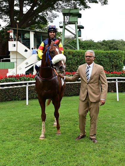 Don Carlos, ridden by jockey Vivek.G and trained by S.S. Attaollahi, after winning The Lt.Col. Gaunt Memorial Trophy.