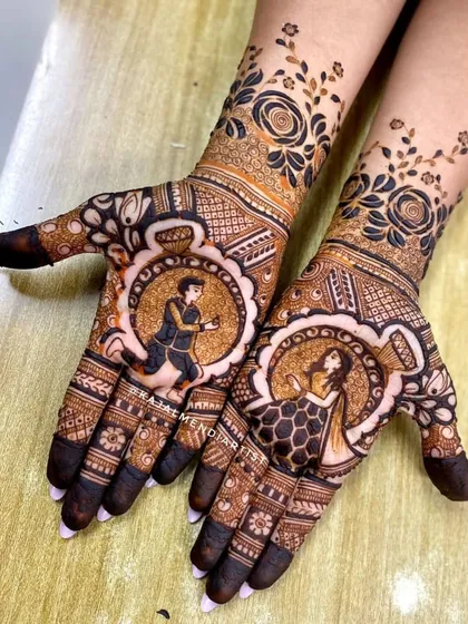 An engagement henna design that tells a story. The groom is shown proposing to the bride, captured inside beautiful floral mandalas.