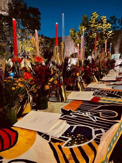The stunning tablescape for the Shivan & Narresh connoisseur dinner in Hyderabad. The decor, featuring the designers' signature prints, was the perfect setting for our modern Indian feast.