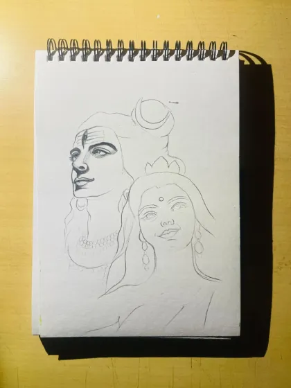 The sketch of Shiva and Parvati on my sketchbook. This is where I often start my devotional pieces, with a simple pencil and a lot of heart.