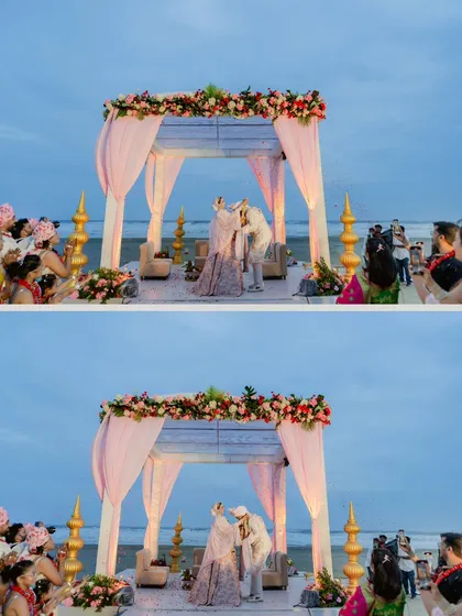A collage of the Sindoor moment on the beach, a deeply significant ritual captured against the backdrop of the setting sun.