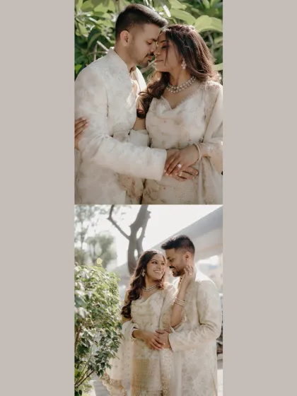 A collage of intimate and romantic portraits from an engagement shoot, showcasing the couple's connection in a soft, elegant style.