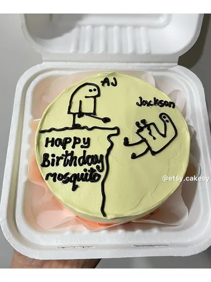 Another version of the funny cliff meme cake, customized with names 'AJ' and 'Jackson' and a birthday wish for 'Mosquito'.