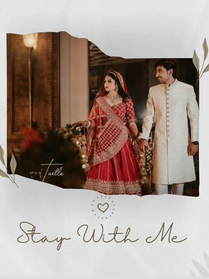 "Stay With Me." A simple yet powerful graphic overlay on a classic wedding portrait, capturing the couple's promise to each other as they begin their journey.