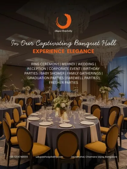 Experience elegance in our captivating banquet hall, perfectly set up for a formal reception or family gathering. The sophisticated table settings and ambient lighting create a truly special atmosphere.
