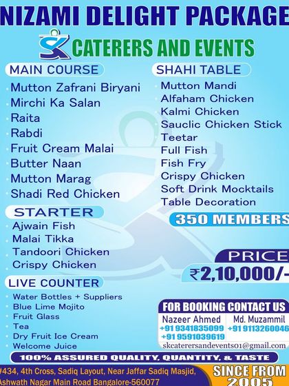 Our Nizami Delight Package, a premium option at ₹2,10,000. This includes exclusive dishes like Mutton Zafrani Biryani, Mutton Marag, and live mocktail counters.