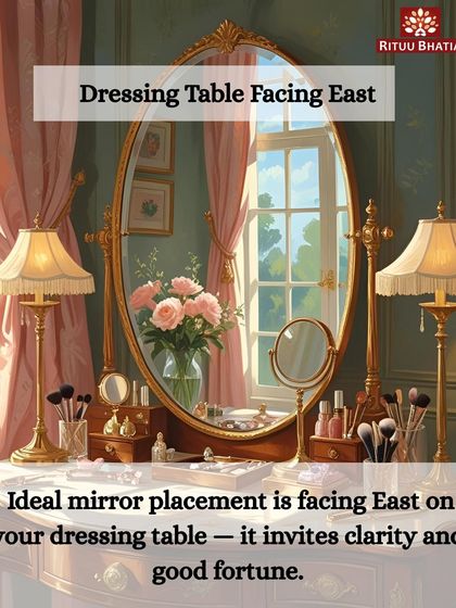 For your dressing table, the ideal placement for the mirror is facing East. This direction is associated with the rising sun and new beginnings, inviting clarity, good fortune, and positive energy into your daily routine as you get ready.