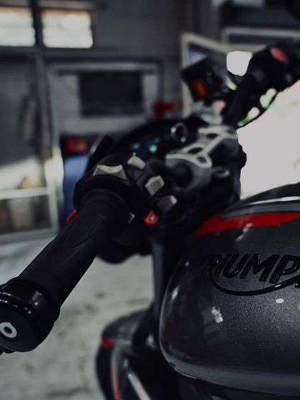 The view from the rider's seat of the Triumph Street Triple RS.