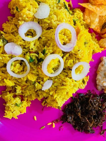 Even a simple lunch of tomato rice is better with a side of my homemade beef pickle. I added some chips and curd to complete the meal.