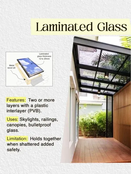Laminated glass is a safety glass made with a plastic interlayer. It holds together when shattered, making it ideal for skylights, railings, and canopies.