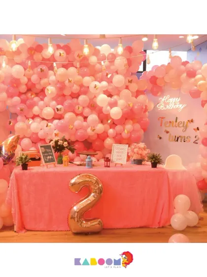 Fluttery and fun! This butterfly theme uses a sea of pink and white balloons to create a soft, cloud-like effect, perfect for a dreamy second birthday celebration.
