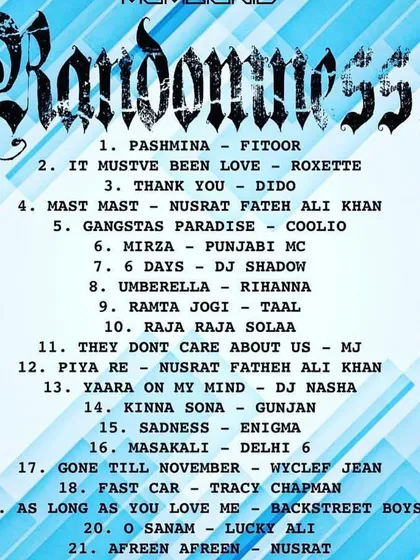 The tracklist for "Randomness Vol. 1." You can see the eclectic mix, from Nusrat Fateh Ali Khan and Coolio to Roxette and DJ Shadow.