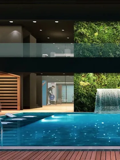 Another view of the pool and amenities at Embrace Towers. The design integrates indoor and outdoor spaces, providing areas for everything from a spirited game of basketball to quiet yoga and meditation.