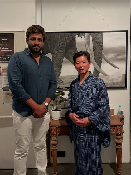Posing with a distinguished delegate from Japan in her beautiful kimono at my art exhibition at Bajaj Art Gallery.