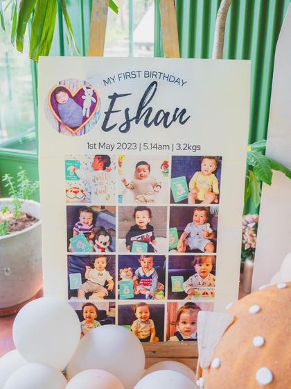 A personalized milestone board for Eshan's first birthday. It shares sweet details like his birth date and time, and features a collage of his monthly photos, creating a lovely keepsake.