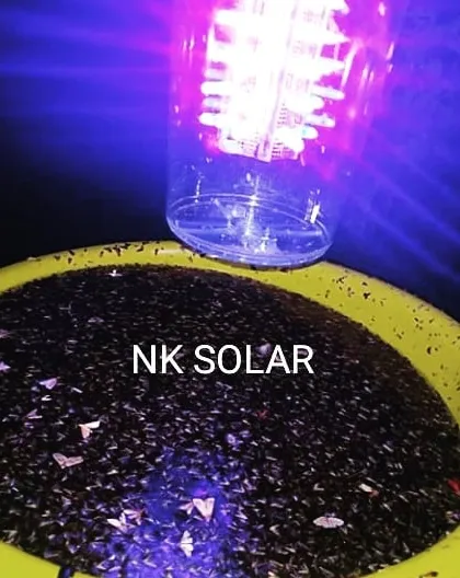 A view of the Solar Insect Trap operating at night. The purple UV light effectively draws in flying pests, which are then collected in the basin below, demonstrating its efficiency in real time.